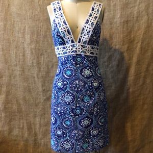 Trina Turk Deep V-Neck Brocade Dress - 4